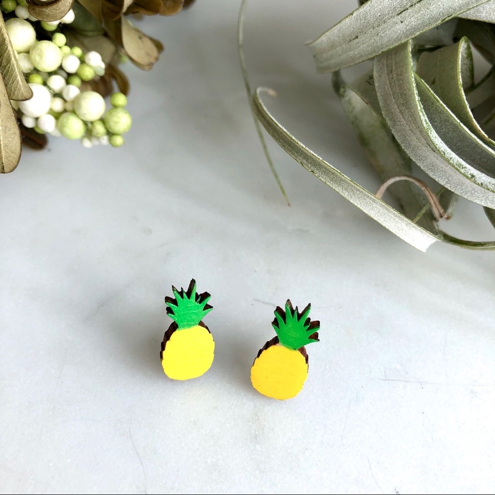 Handmade pineapple bamboo wood stud earrings